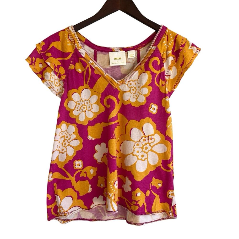 Anthropologie Maeve Catie Ruffle Sleeve Top Size M Bright Floral Orange Pink